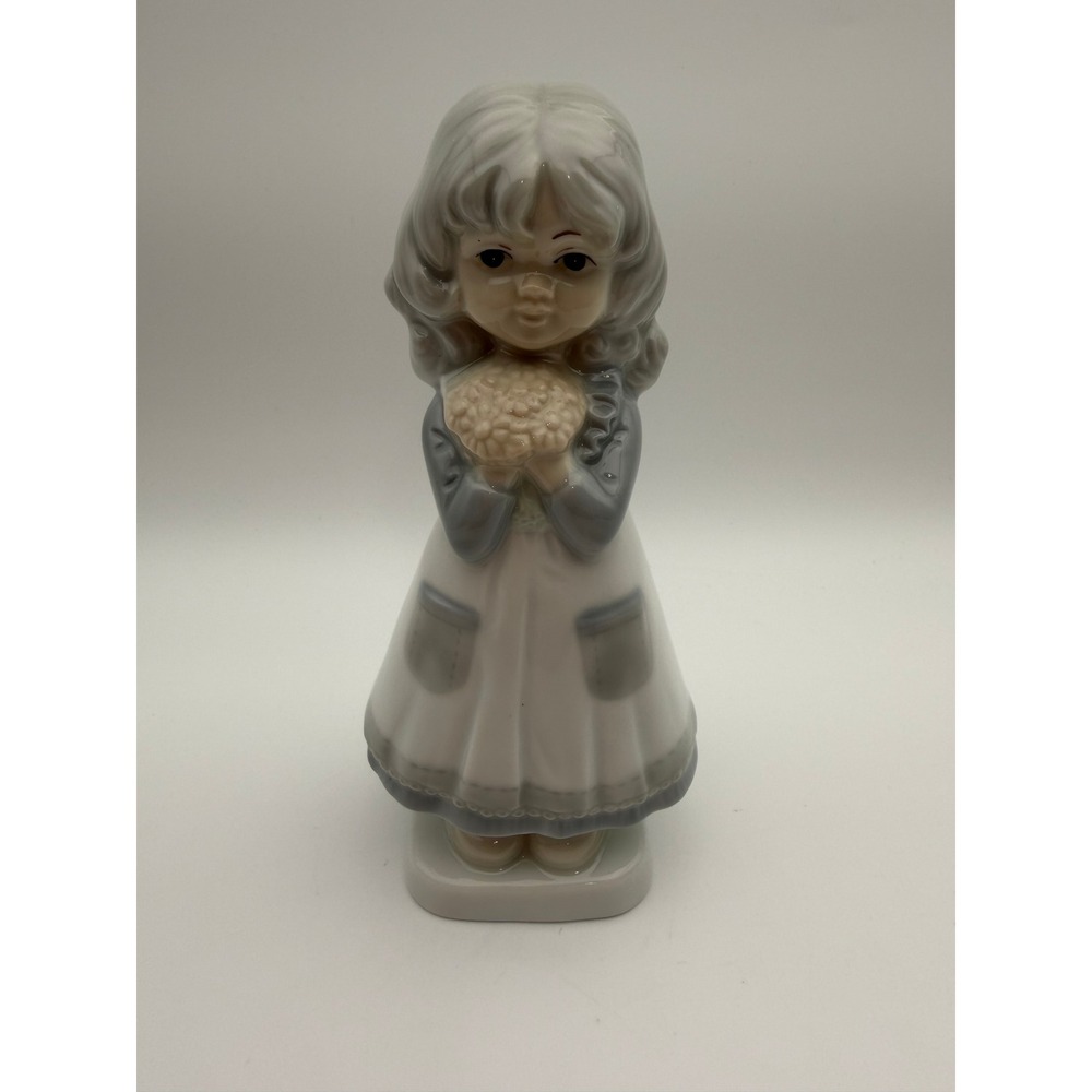 Vintage Japanese Porcelain Girl Figurine with Flowers Glossy Glaze Made in Japan